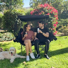 Huskfirm Double Camping Chair with Canopy Shade Folding Double Beach Chair with Adjustable Canopy Heavy Duty Loveseat Camping Chair with Two Cup Holders and Carry Bag for Outside, Beach Fishing Sports