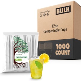 Stock Your Home 12 oz Clear Compostable Cold Cups (1000 Pack), Plant Based Eco Party Cups, Recyclable Disposable Cups for Water and Wine