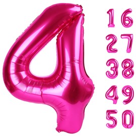 Rose Red Number 4 Balloon 40 Inch, Big Large Foil Helium Hot Pink Number Balloons,Jumbo Giant Mylar Self Inflating Number 0 Balloons for Birthday Party Decorations Supplies
