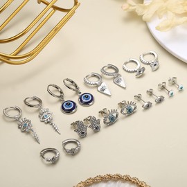 Drperfect 9 Pairs Evil Eye Earrings for Women 14k Silver Gold Plated Evil Eye Huggie Hoop Dangle Earrings and Stud Earrings Set Dainty White Blue Cubic Zircon Eye Earrings