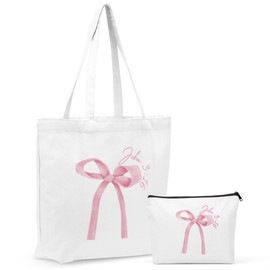 GHUSDFM Christian Gifts for Women, Girls Preppy Bow Canvas Tote Bag Makeup Bag Set, Inspirational Bible Verse Religious Gifts Birthday Graduation Nurse Day Reusable Grocery Bags Travel Cosmetic Bags