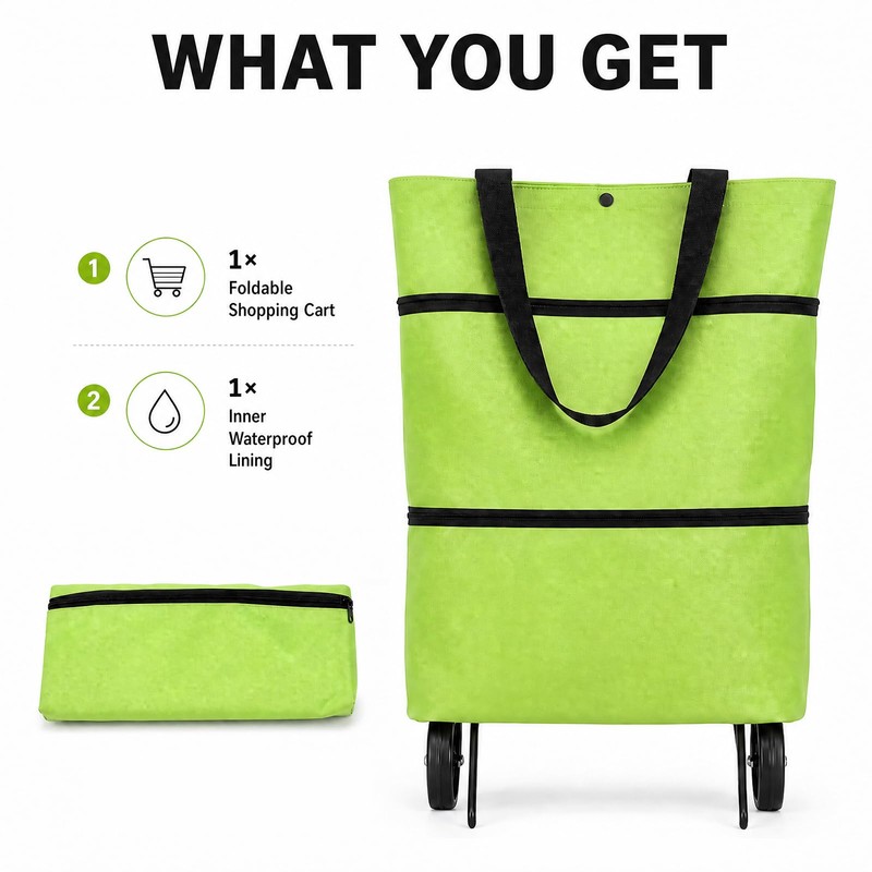 Foldable Shopping Bag with Wheels, 2-in-1 Foldable Shopping Cart, Ultra-Light