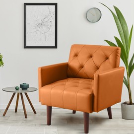 RXRRXY Faux Leather Accent Chair Modern PU Armchair, Retro Tufted Upholstered Arm Chair, Comfy Leather Club Chair Single Sofa for Living Room, Bedroom, Reading Room, Apartment (Orange)