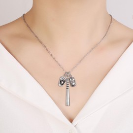 Sport Memorial Pendant For Ashes For Men Women Child Stainless Steel Baseball Bat Urn Necklace With Cap and Glove Charm Keepsake Cremation Jewelry (Silver)