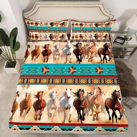 Horses Fitted Sheet Twin Horse Themed Room Decor for Girls, Bohemian Native Aztec African Tribal Horse Print Bedding, Boho Western Rustic Farmhouse Bedroom Bed Sheets Exotic Nordic Style Bed Set