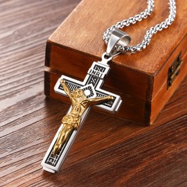 Cupimatch Men's Necklace Stainless Steel Cross Jesus Prayer Christ Pendant Polished Men's Necklace 22.04 Inches (56 cm), Gold Silver Black, Stainless Steel, No Gemstone
