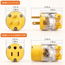 Suplevel Lighted Extension Cord Replacement Ends 1 Set, 15 Amp 125 Volt NEMA 5-15 Heavy Duty Plug and Connector Set, Industrial Grade 3-Prong Straight Blade Grounding Type, 2P 3W UL Listed