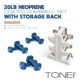 Tone Fitness 20 LB Neoprene Dumbbell Set with Storage Rack – Non-Slip, Anti-Roll Hand Weights for Home Gym Workouts - Blue