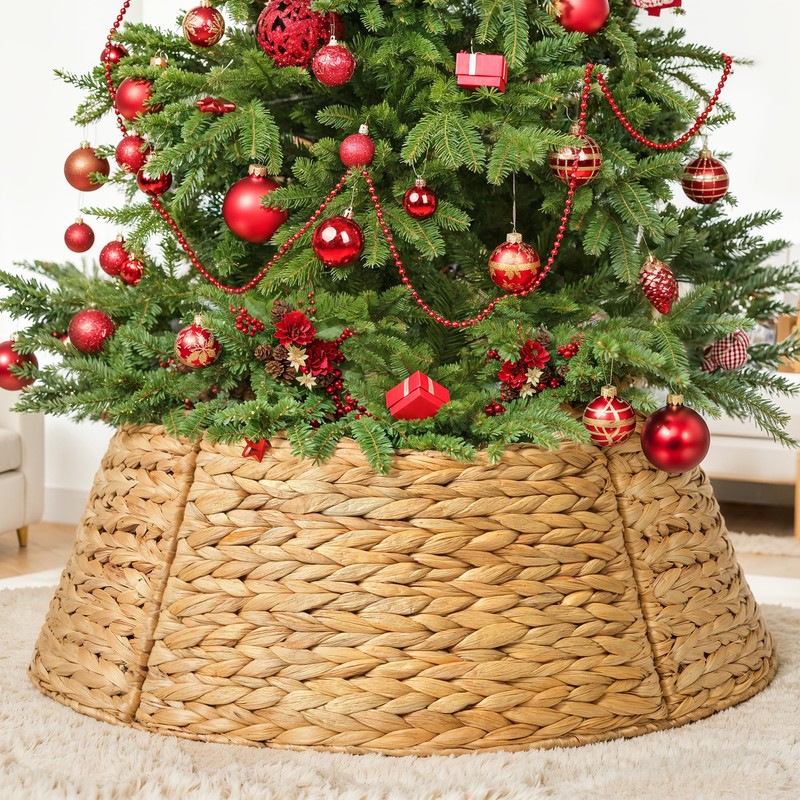 27in Christmas Tree Collar, Natural Christmas Tree Ring Woven Rattan