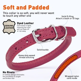Dogline Soft and Padded Rolled Round Leather Collar for Dogs W1/3" - L13"-16", Pink