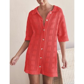 Lumister Summer Knit Shirt Dress for Women Crochet Button Front Shirt Dress Cover Up Bathing Suit Swimwear Knit Beach Dress(0721-White*1-M)