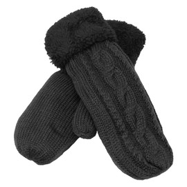 KMystic Plush Lined Cuffed Winter Knit Mittens (Black), One Size