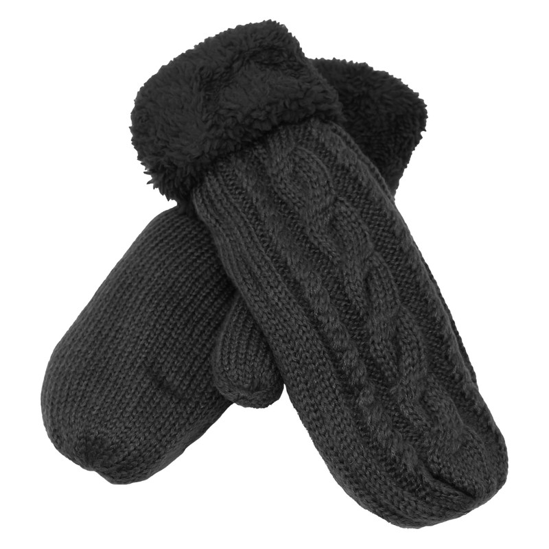 KMystic Plush Lined Cuffed Winter Knit Mittens (Black), One Size