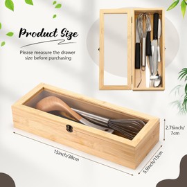 Baderke 2 Pieces Bamboo Drawer Organizer with Clear Lid Stackable Utensil Organizer Kitchen Silverware Holder Bamboo Flatware Cutlery Storage Box in Drawer