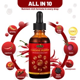 HIIHONE 10-in-1 Cayenne Pepper Liquid Drops - Cayenne Extract with Cinnamon, Beet Root & Grape Seed - Supports Healthy Digestion & Immune - 2 FL Oz