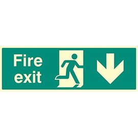 Sign, Fire Exit Down, Glow Rp, External Height 150mm, External Width 450mm, Sign Colour White on Green, Sign Legend Fire Exit Arrow Down, Sign Material Plastic - Photoluminescent, Sign Type Emergency