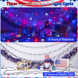 cshare Red White and Blue String Lights Battry Operated with Timer Waterproof, 4th of July String Lights16.4ft 50LED Indoor Outdoor Memorial Day Patriotic Decorations Garland Party Patio Garden Yard