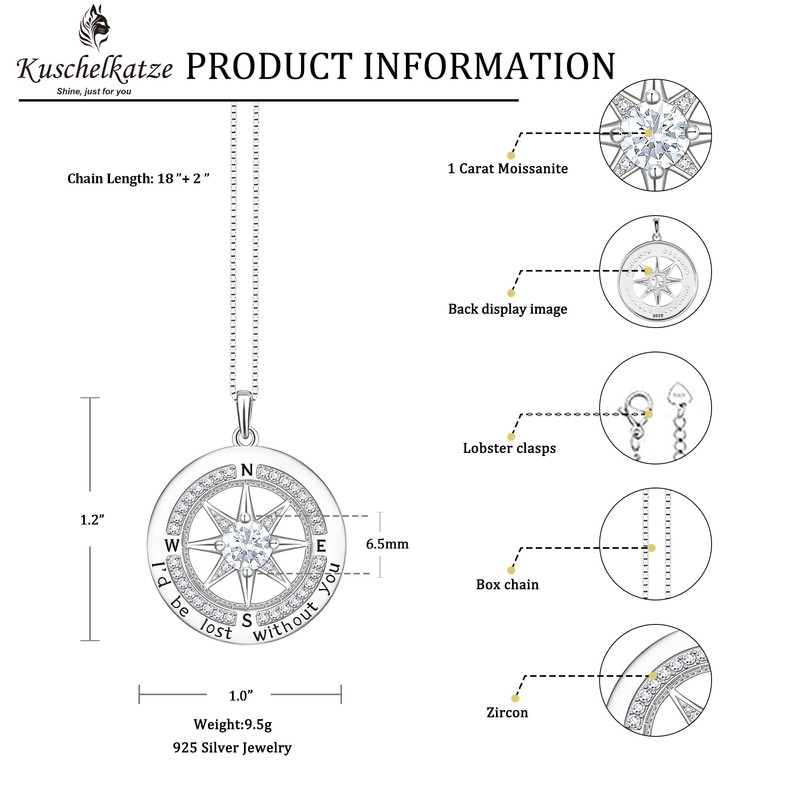 Kuschelkatze 1 Carat Moissanite Compass Pendant Necklace in Sterling Silver
