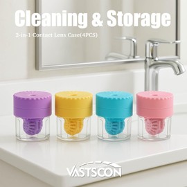 Vastsoon Contact Lens Case, 2 in 1 Manual Contact Lens Washer Cleaner Storage Case Portable Size Solution Soaking Container for Travel, Daily Use (4 Colors)
