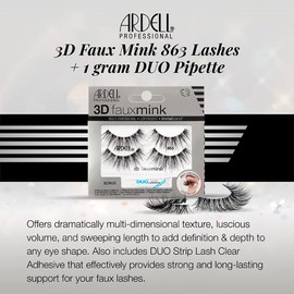 Ardell 3D Faux Mink 863 Lashes + 1 gram DUO Pipette, 2 Pairs