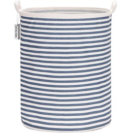 Sea Team 19.7 Inches Large Sized Waterproof Coating Ramie Cotton Fabric Folding Laundry Hamper Bucket Cylindric Burlap Canvas Storage Basket (19.7", Navy Blue & White Stripe)