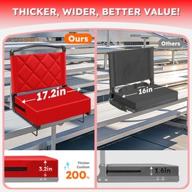 Kaganoon Stadium Seats with Back Support Cushion, Folding Stadium Seats for Bleachers Hold up 400lbs, Wide Bleacher Seat with Shoulder Strap & Handle Comfort for Sports Events (red, 2pcs)