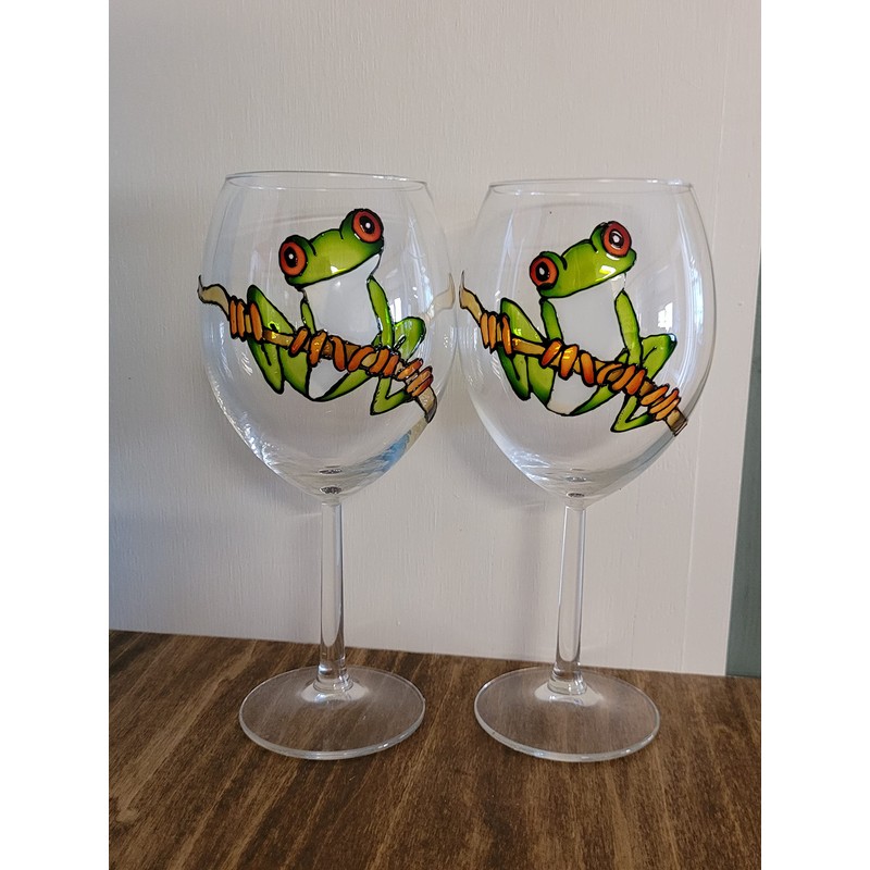 Green Tree Frog Hand Painted Stemmed Wine Glasses Set of