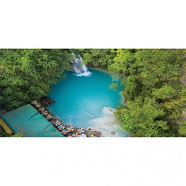 Lunarable Philippines Pencil Pen Holder, Kawasan Waterfalls Cebu Island Waterfall in the Jungle Colorful Parasols, Ceramic Pencil Holder for Desk Office Accessory, 3.6" X 3.2", Sea Blue Green