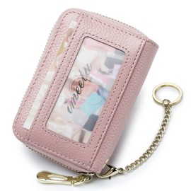 imeetu RFID Credit Card Holder, Small Leather Zipper Card Case Wallet with Keychain and ID Window for Women (Pro,Pink)