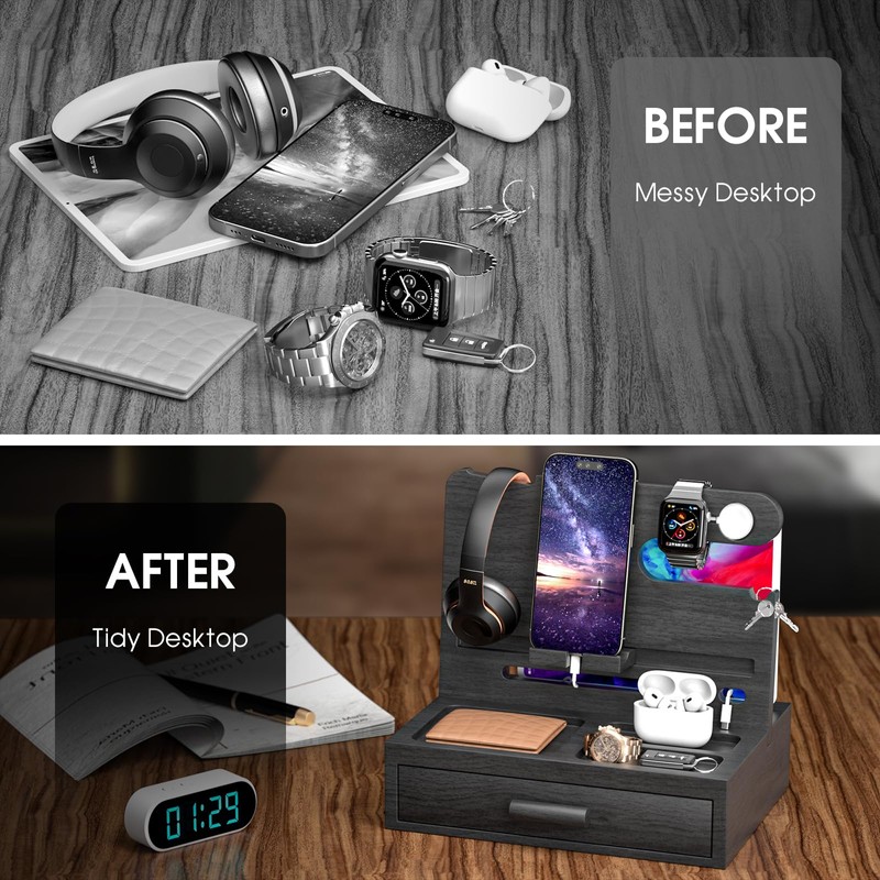 melafa365 Bamboo Nightstand Organizer for Men, Phone Docking Station with