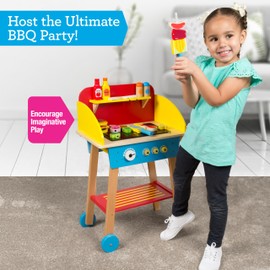Cook 'N Grill Wooden BBQ Playset- Kid's Pretend Play Wood Toy Barbeque w Food, Condiments & Grilling Tools- 30+ Pieces in All - Fun Indoor Outdoor Activity Set for Playrooms, Daycare Centers or Gift