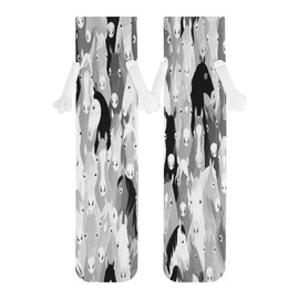 1 Pair Soft Socks White Holding Hands, Compression Knee High Stockings Long Athletic Circulation 16x3.9 in Print Seamless Cartoon Horse Heads Texture in Retro Vintage Style