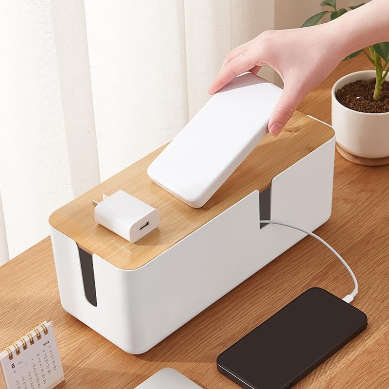 Cable Box with Bamboo Lid, Cable Organiser Box, Cable Storage