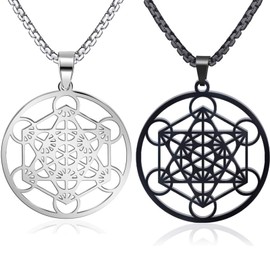 FLYUN Metatron’s Cube Pendant for Men, Men's Metatron Cube Necklace Sacred Geometry Seals of Archangel Angel Necklaces (Black&Silver)