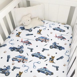 Watercolor Police Vehicles Car Motorcycle Helicopter Baby Crib Sheet 52''x28'' Police Dogs Stretchy Fitted Crib Mattress Cover for Boy Bed Sheet for Standard Toddler Mattress