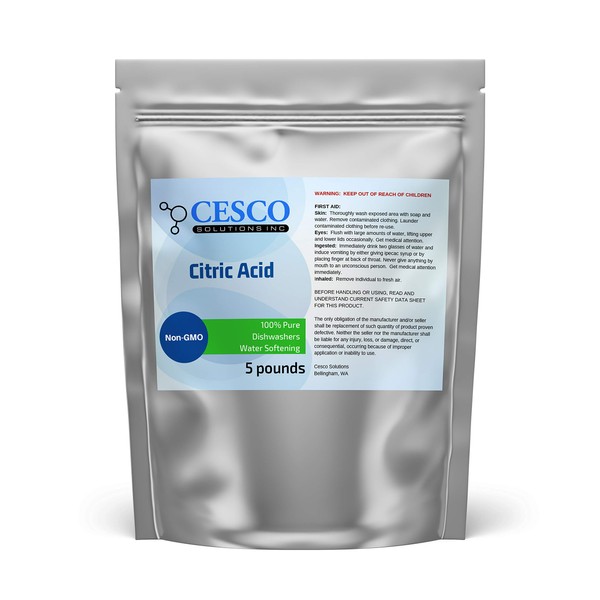 Cesco Solutions Citric Acid 100% pure, NON-GMO, anhydrous. Stand-up Resealable Pouch. Ideal for Household cleaning (5 lbs)