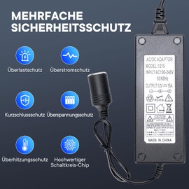 WODHMIEY Car Converter, Safe AC Adapter, 100-240V to 12V 15A Converter, CE ROHS Certified, 1.5 m Cable, Compatible with 12 V Devices, for Car Fridge, Air Compressor