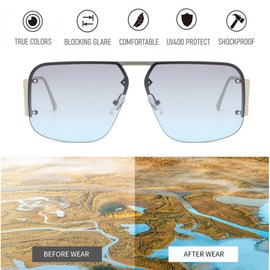 BAWUYI Retro Square Aviator Sunglasses for Men Women UV400 Vintage Shades Large Metal Semi-Rimless Glasses (Silver Frame Grey Blue Lens)