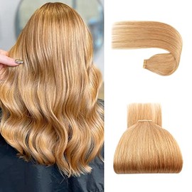 Lovrio Tape in Human Extensions Straight Hair, Colored Caramel Blonde, Glue in Extensions Human Hair 50 Gram 14 Inch 20 Pieces