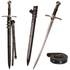 Medieval Sharp Blade Black Western Sword with Knight Motif Manganese Steel Blade Real Sword Supplied with Belt Total Length 37.99 inches for Display Gift Collection