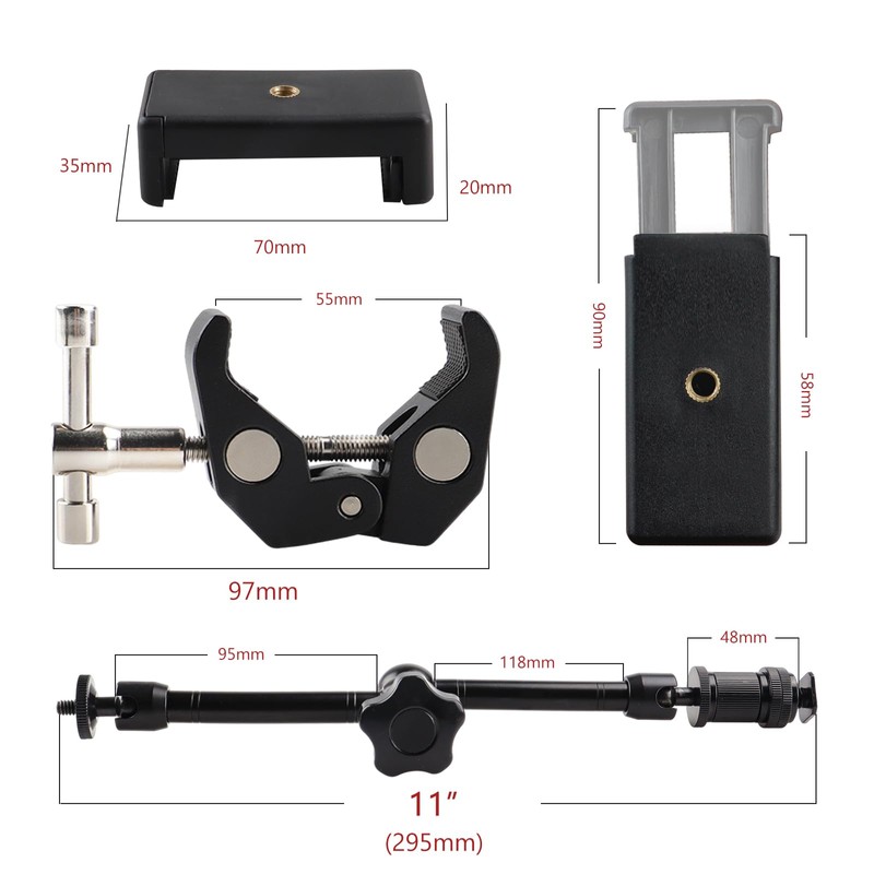 11" Adjustable Magic Arm and Super Clamp with 1/4" and