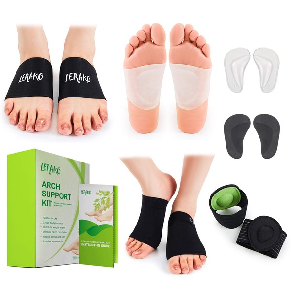 Plantar Fasciitis Arch Support Kit-12pcs-Compression Arch Sleeves, Arch Braces, Silicone & Cushioned Arch Supports & Free Insoles, Fast Pain Relief & All Day Comfort, Sizes for Men & Women (Medium)