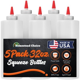 5-pack Plastic Squeeze Bottles for Sauces - 32 OZ Condiment Squeeze Bottles for Liquids - Made in USA - BPA Free Squirt Bottles with Cap - Ketchup, Syrup, Oil, Dressings, Honey & Arts and Crafts