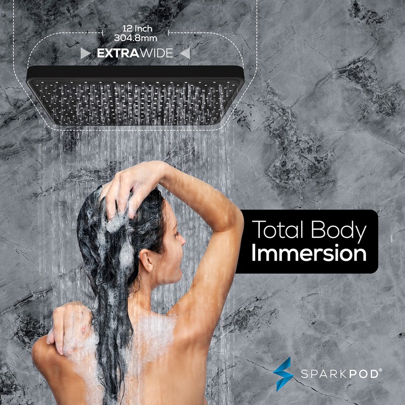 SparkPod 12 Inch Black Rain Shower Head - Ceiling or