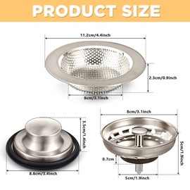 3 Pieces Kitchen Sink Stopper Strainer Garbage Disposal Plug, Stainless Steel Universal Anti-Clogging Kitchen Sink Filter Sieve Basket Strainer, Wide Rim for Kitchen Sink Drain (Brushed Silver)