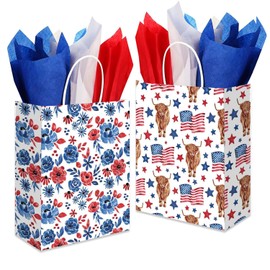 HIENAJ 16 Pcs Highland Cow Patriotic Gift Bags with Handle with 4th of July Gift Bags American Flag USA Gift Bags for Veterans Day Memorial Day Independence Day Party (Boho Style)