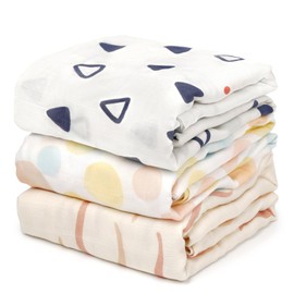 HECCEI Baby Muslin Blankets 3 Pack - 120 x 120 cm, Large Muslin Cloths - Baby Swaddle Wrap Receiving Blankets for Newborns Infant Shower Gift Set (Aqua Dreams)