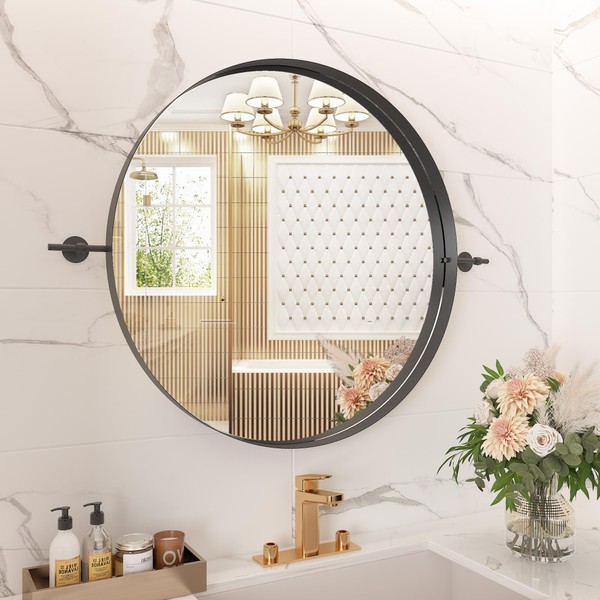 Black Pivot Round Mirror 24 Inch Circle Metal Framed Farmhouse