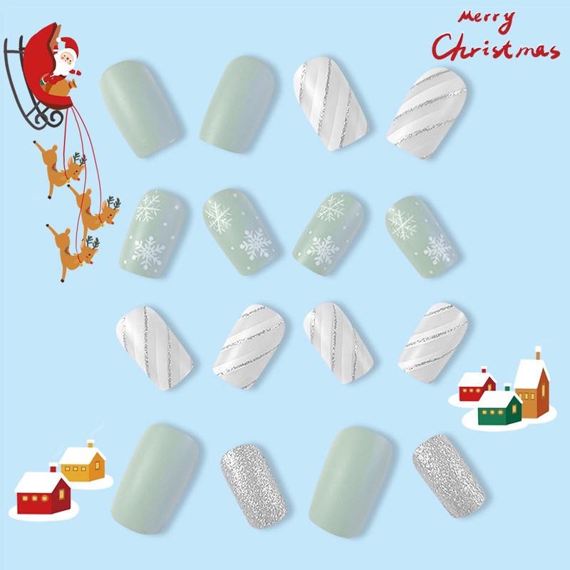 Square Christmas False Nails - 24PCS Short Press on Nails