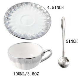 CHANJOON 6 Teacups Tea Tray Spoon Set, 6oz with Galvanized Gold Rim and Gift Box, Ceramic White English Coffee Teacup (silver, medium)